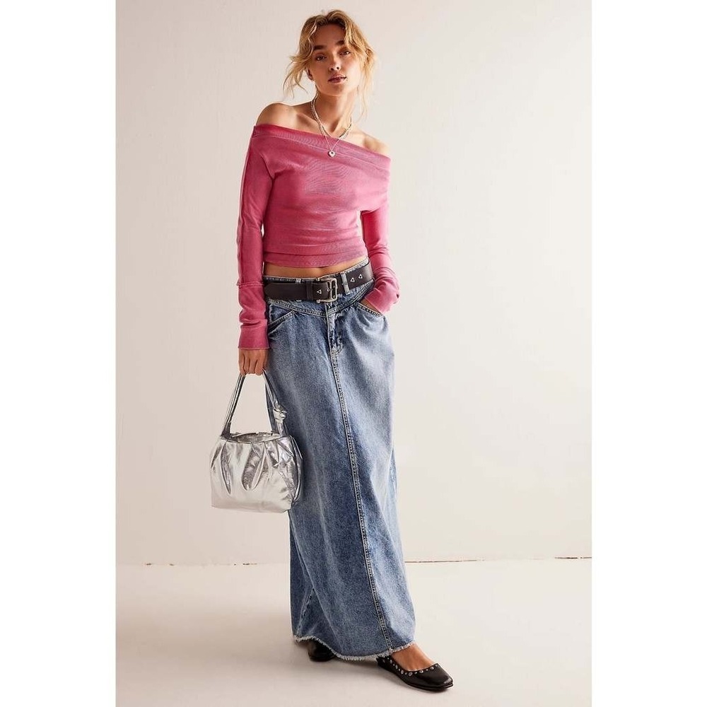 We The Free People Come As You Are Denim Jean Maxi Skirt Blue Frayed Boho 6 - Picture 11 of 16